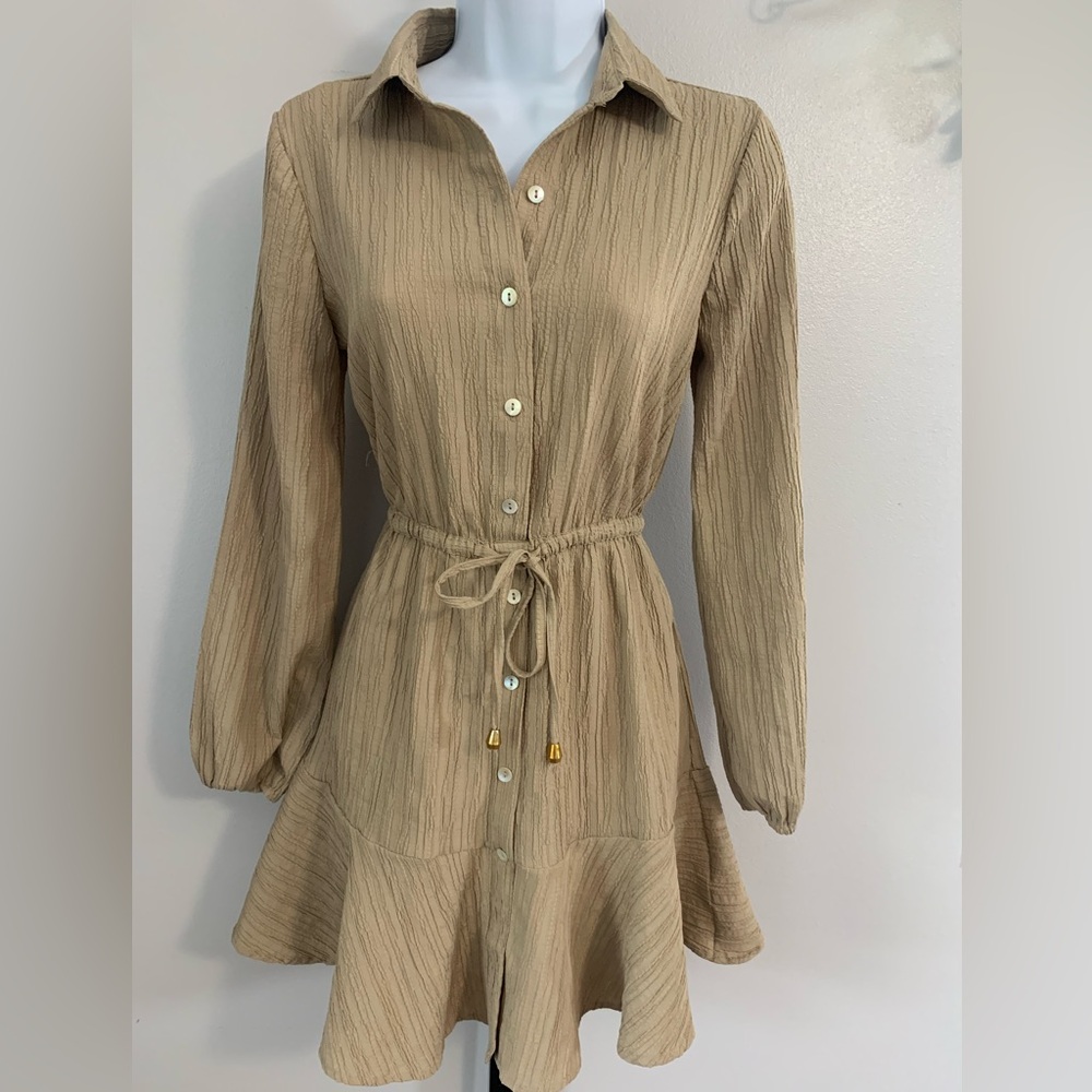 Hint of Blush Tan A-Line Dress with Notched Collar and Bishop Sleeves